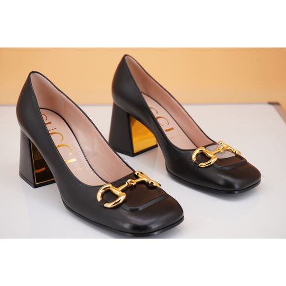Gucci Black Leather Horsebit Block Heel Pumps with Gold Hardware - Picture 5 of 11